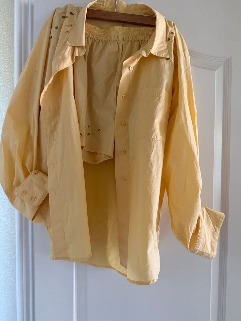 YFB Light Yellow eyelet Women's Short Set Button-Up Shirt with Matching Shorts
